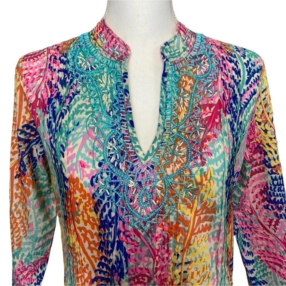 Lilly Pulitzer Sarasota Beaded Tunic Electric Feel Cameo White - Picture 6 of 15